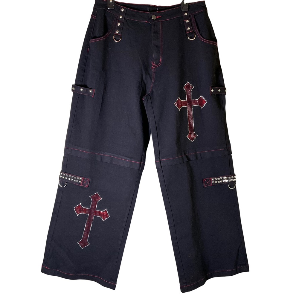 Hot Topic Social Collision Mall Goth Cross Rhinestone Wide Leg Cargo Pants Sz 34